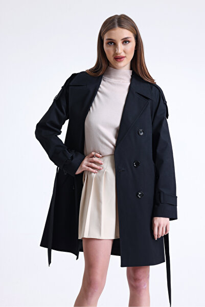 DOLCEBELLA Kruvaze Siyah Kapama Kısa Trençkot