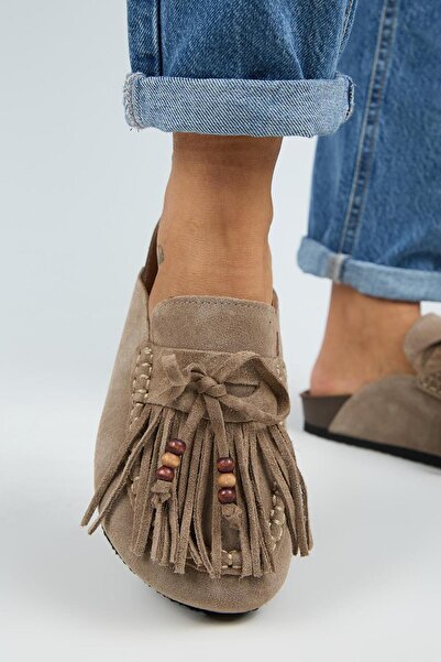 Manijero Malinda Women's Genuine Leather Tasseled Bead Detailed Sabo Mink Slippers