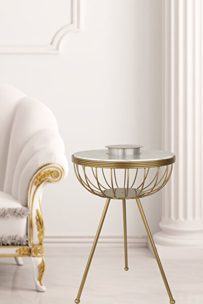 Begüsa Velmora Ledli Pilli Sehpa Eskitme Mermer Ahşap