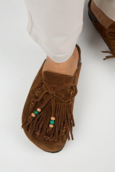 Manijero Malinda Women's Genuine Leather Tasseled Bead Detailed Sabo Tan Slippers