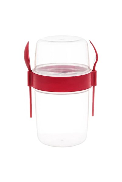 SHOPIENS Plastic Food Container, 1.1L Capacity, Red, Spoon and Fork Included - MYONNA