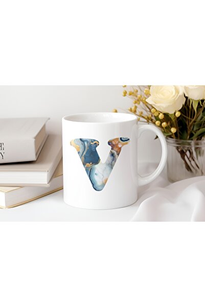 Beramussa Letter V Marble Pattern Mug - Modern Blue Design - Coffee Tea Cup Gift