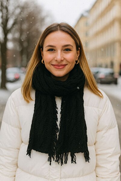 FELLMENS Black Wide Knitted Fringed Women's Scarf Shawl 30 X 180 cm