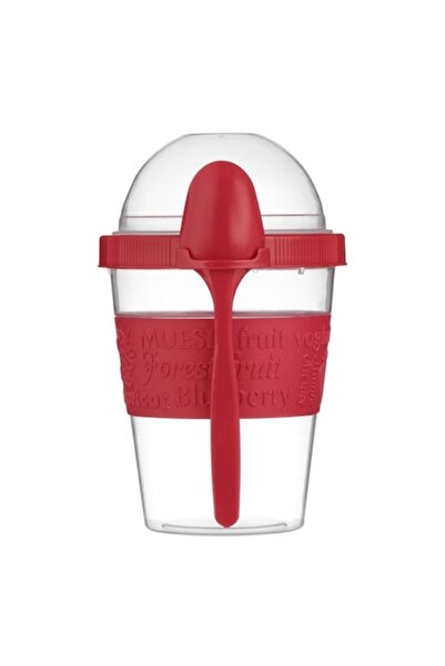 SHOPIENS Plastic Take-Away Snack Container with Red Spoon, 0.6L, Transparent, 6.8x17cm