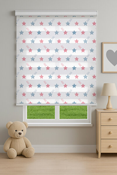 Home Pembe Mavi Yıldızlar Dijital Baskılı Zebra Stor Perde | Çocuk ve Bebek O...