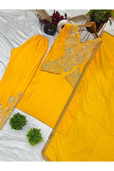 MYSMAR Yellow Chinnon Silk Salwar Kameez & Dupatta - HRT1972 | Yellow