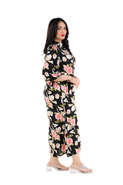amaan Women Floral Print Midi Jalabiya, Chiffon Fabric, 3/4 Sleeve Button-Up Dress, Elegant Modern outfit