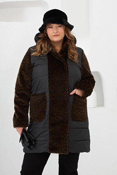 RMG Leopard Garnished Plus Size Quilted Coat Black