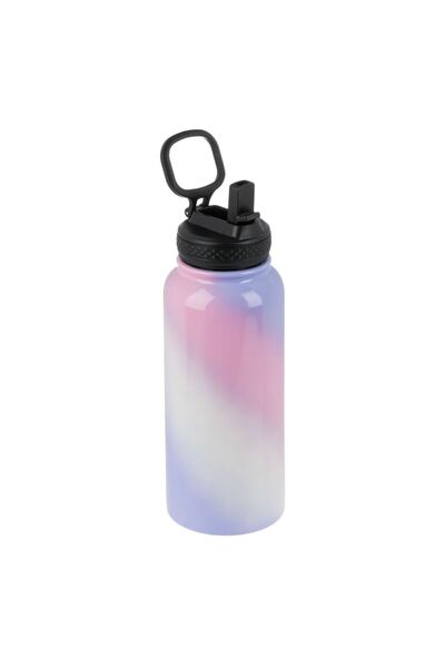 SHOPIENS Stainless Steel Thermos, Gradient Pink-Lilac, 1L with Straw