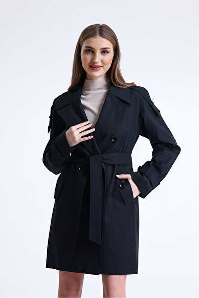 DOLCEBELLA Kruvaze Siyah Kapama Kısa Trençkot