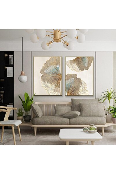 Al Raied لوحة فنية جدارية من قماش ARS بتصميم هندسي تجريدي على شكل زهرة ذهبية، مع إطار، 40×60 سم (قطعتان)