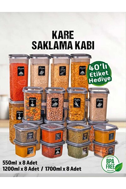 SALBOX 24 Adet 48 Parça 0,55-1,2-1,7 Litre Kare Erzak Bakliyat Baharat Saklam...