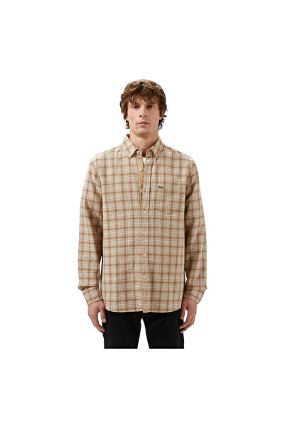 Lacoste Men's Regular Fit Button down Collar Plaid Brown Shirt Ch2543.02S