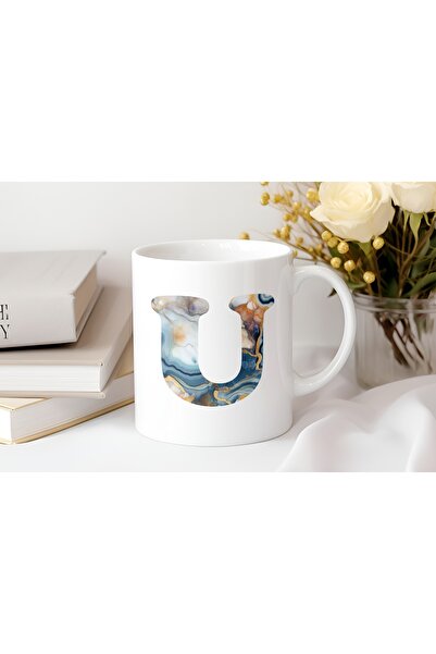 Beramussa كوب منقوش برخام على شكل حرف U - تصميم أزرق عصري - هدية كوب شاي وقهوة