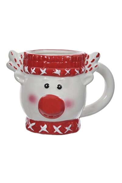 SHOPIENS Cană ceramică 3D de Crăciun - Ren alb cu nas roșu, 360 ml