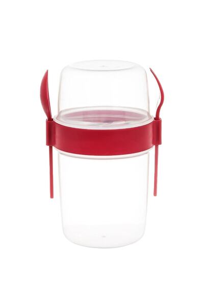 SHOPIENS Plastic Food Container, 1.1L Capacity, Red, Spoon and Fork Included - MYONNA