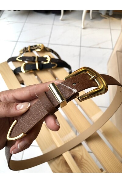 Gözde Tasarım Butik حزام نسائي من الجلد الصناعي بإبزيم ذهبي اللون بلون أسمر