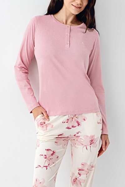 Pierre Cardin Paris Büyük Beden Kadın Gül Desenli Modal Pamuklu Düğmeli Uzun Kollu Pijama Takım