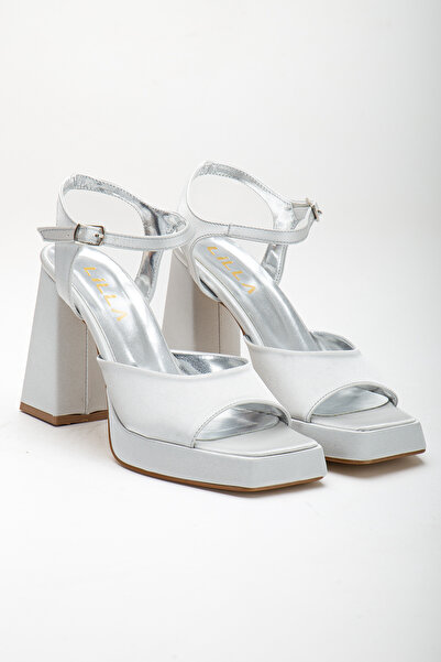 LİLLA Women's Square Toe Platform Thick Heeled Silver Satin Evening Dress Shoes