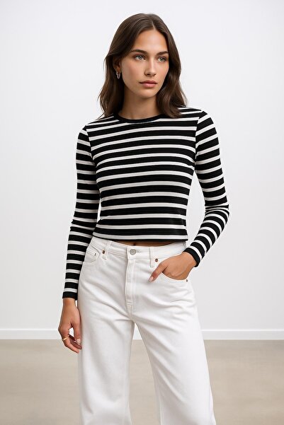 Fashion Friends Crop Crew Neck Long Sleeve T-Shirt Black Striped