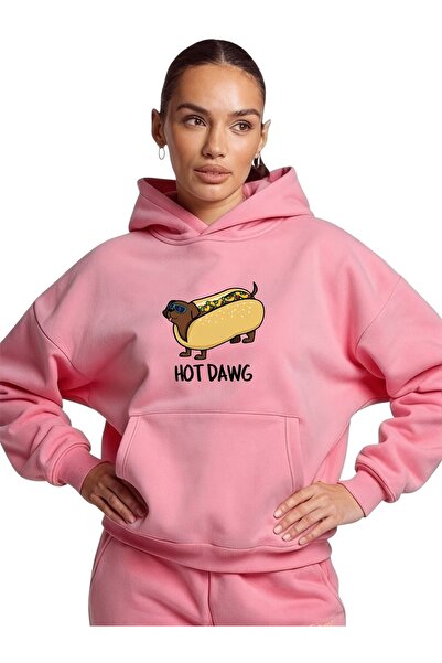 ArtYus سويت شيرت بقلنسوة كبير الحجم من القطن مطبوع عليه ألوان الهوت دوج للجنسين