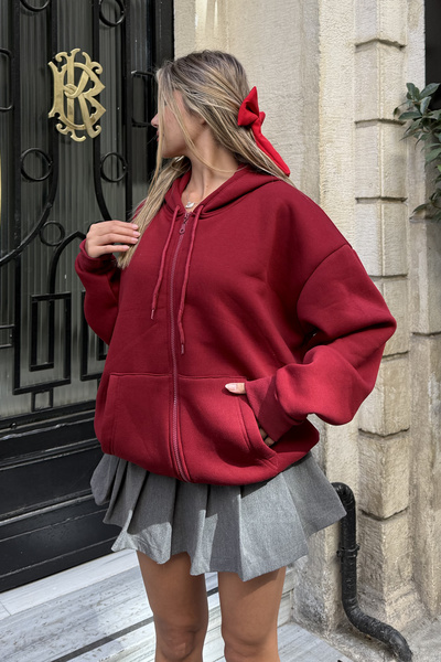 la & vetta Burgundy Hooded Oversize Zippered Ribbed Sweatshirt