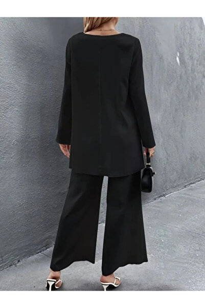 BZ Boutique Women's long sleeve asymmetrical detail loose sandy blouse and pants two-piece set