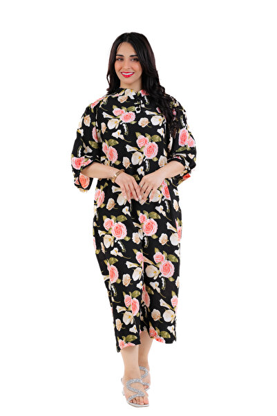 amaan Women Floral Print Midi Jalabiya, Chiffon Fabric, 3/4 Sleeve Button-Up Dress, Elegant Modern outfit