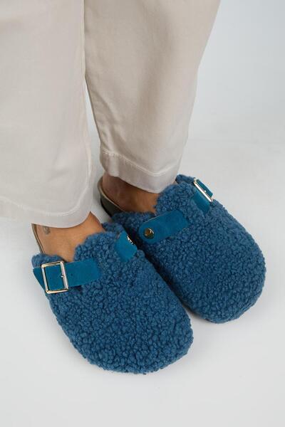 Manijero Suzen Teddy Women's Furry Genuine Leather Belt Buckle Night Blue Slippers