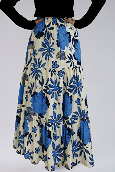 MAKSEN TEKSTİL Women's Long Skirt - Viscose Fabric Flower Patterned Women's Long Skirt