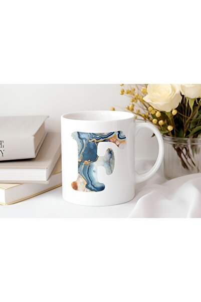 Beramussa كوب منقوش برخام على شكل حرف F - تصميم أزرق عصري - هدية كوب شاي وقهوة