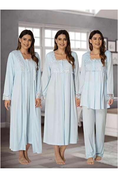 Lohusa Homewear Дамски син специален дизайн дантелен памучен комплект за брем...