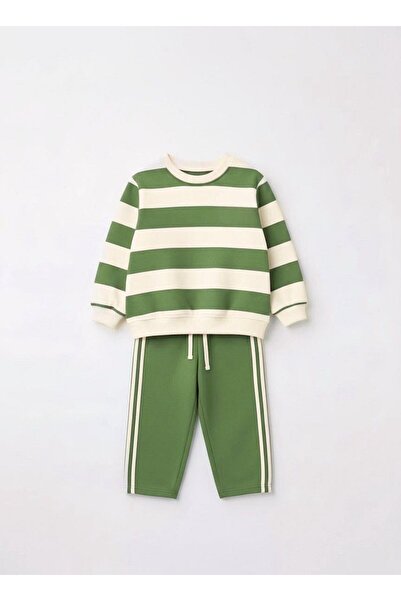 Magu Unisex Kids Cotton Green Striped Sweatshirt and Striped Sweatpants Set - Relaxed Fit