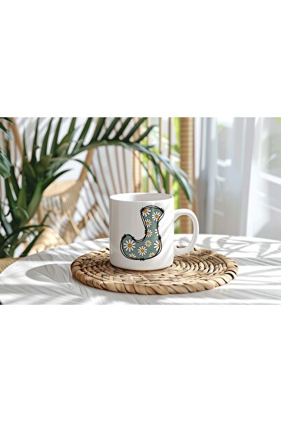 Beramussa كوب مزخرف بحرف J على شكل زهرة الأقحوان - تصميم ربيعي عتيق - كوب شاي...