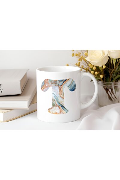 Beramussa Letter t Marble Pattern Mug - Modern Blue Design - Coffee Tea Cup Gift