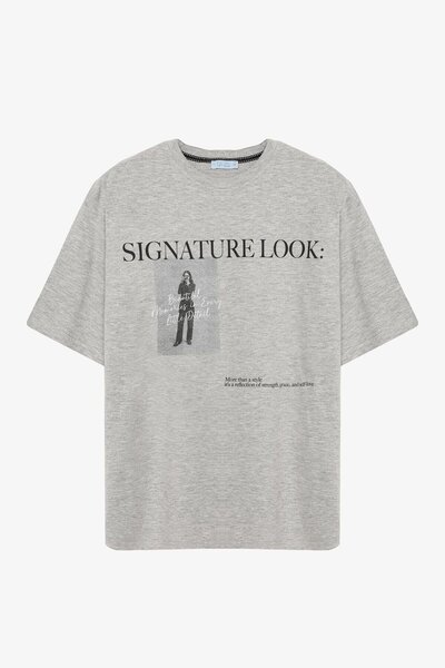 Quzu T-Shirt with Print Detail on the Front and Back Gray Melange