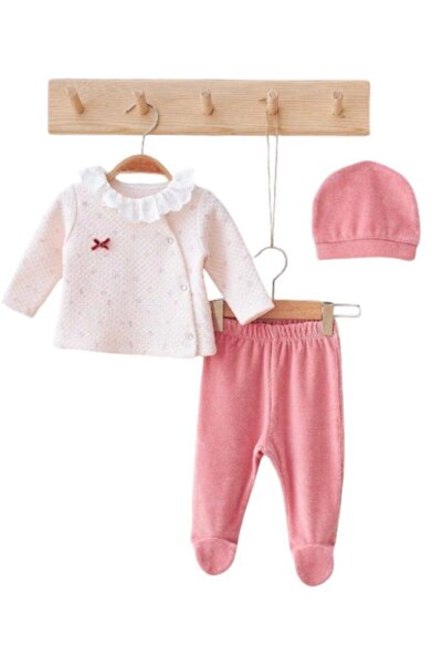 Dumledo Quilted Pink Blouse, Velvet Booties Pants and Beret 3-Piece Baby Girl...