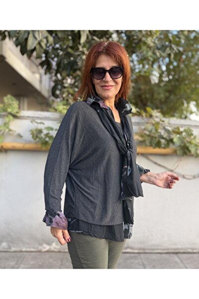 DenizEge Tricotaj italian Orkide, cămașă și eșarfă, negru