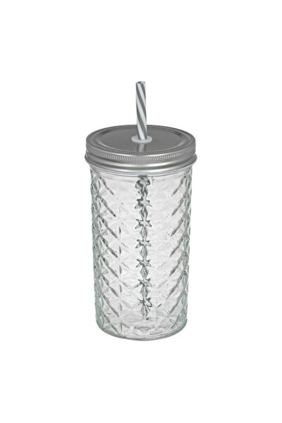 SHOPIENS Glass Cup 600ml Relief Pattern, Metal Lid, Reusable Straw - MYONNA