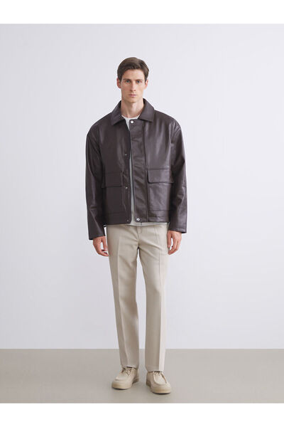 LC Waikiki UZG Store'dan Stilinizi Oluşturun | Rahat Kalıp Gömlek Yaka Erkek Deri Görünümlü Ceket