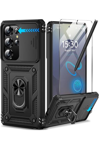 Kipgsm Samsung Galaxy S23 Ultra Uyumlu Ekran Koruyucu Kılıf Sürgülü Yüzüklü S...