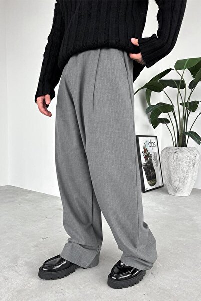 HAFKAGİYİM Gray Striped Premium Fabric Pants with Elastic Waist