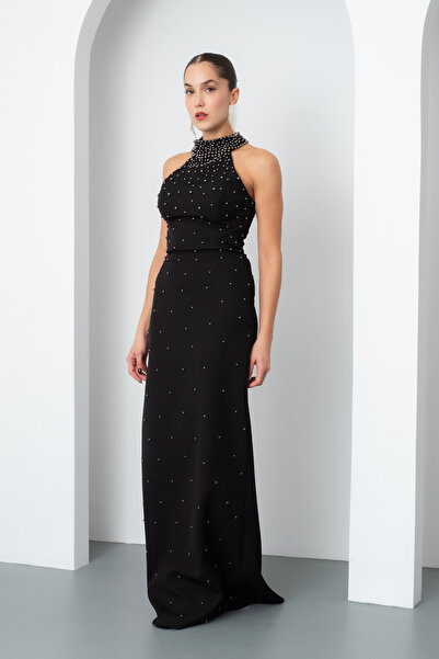 Lafaba Women's Black-Grey Halter Neck Pearls Promise Engagement Wedding Evening Dress