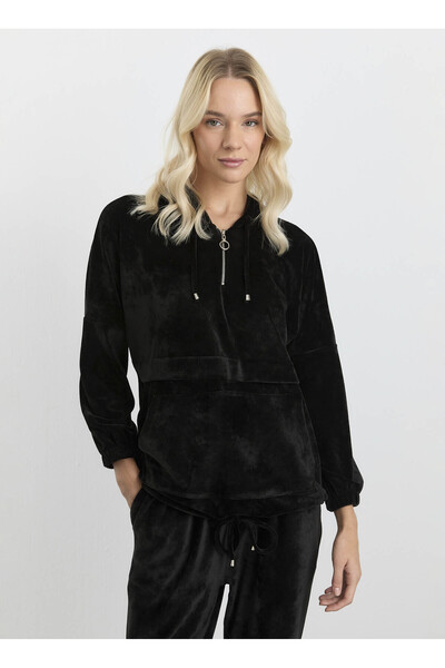 Selen Kapüşon Yaka Düz Siyah Kadın Bluz 25KSL8223