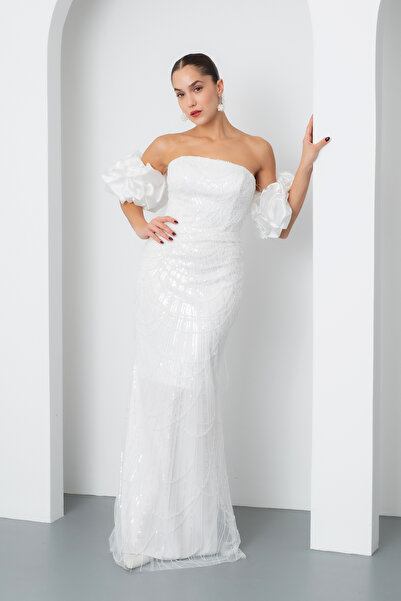 Lafaba Kadın Beyaz Kol Detay Boncuklu Uzun Abiye Elbise