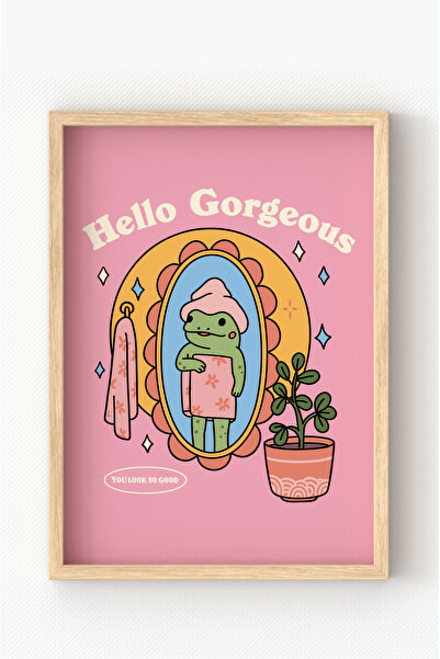 MIOVI Ahşap Çerçeveli Hello Gorgeous Poster – Pembe Tonlarda Sevimli Kurbağa ...
