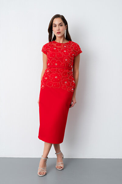 Lafaba Women's Red Lace Midi Evening Dress