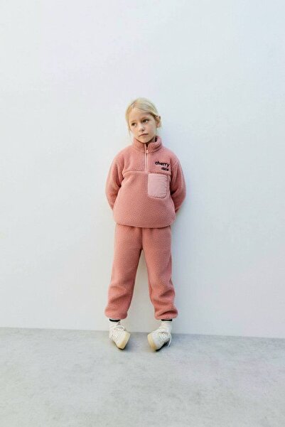 ZRA Hei Pink Cherry Slogan Lined Plush Girls' Tracksuit Bottoms and Top Set