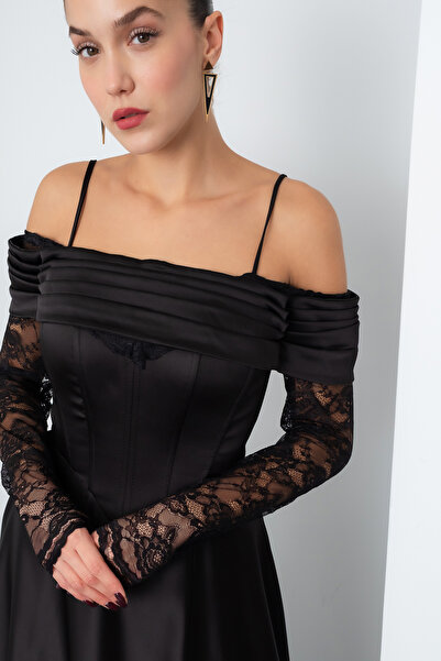 Lafaba Γυναικείο μαύρο δαντελένιο μακρύ σατέν βραδινό φόρεμα