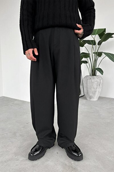 HAFKAGİYİM Siyah Çizgili Beli Lastikli Premium Kumaş Pantolon